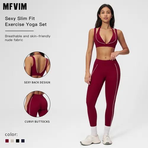 MFVIM Women's 2-Piece Nude-Feel Color-Block Sports Set - Contrasting-Line Bra, High-Waisted Figure-Flattering Long Pants, Gym Workout Apparel, Summer Essential Travel Outfit, 2 Piece Sets