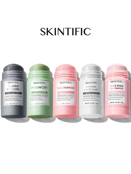 SKINTIFIC Clay Stick Collection 5 Masks for Every Skin Concern - Alaska Volcano Clay Stick / Mugwort Anti Pores & Acne Clay Stick / Niacinamide Bright Boost Clay Stick / Amazon White purifying Clay Stick / PDRN Rose Clay Stick