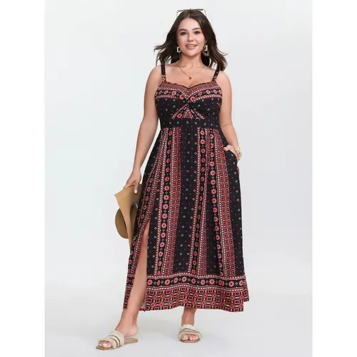 BloomChic Boho Print Color Contrast Cami Maxi Dress 【M-6XL】