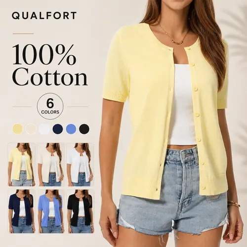 QUALFORT Women’s 100% Cotton Crew Neck Cropped Short-Sleeve Button-Down Knit Cardigan Sweater - Lightweight Basic Knitwear, Business Casual Summer Top (Black)