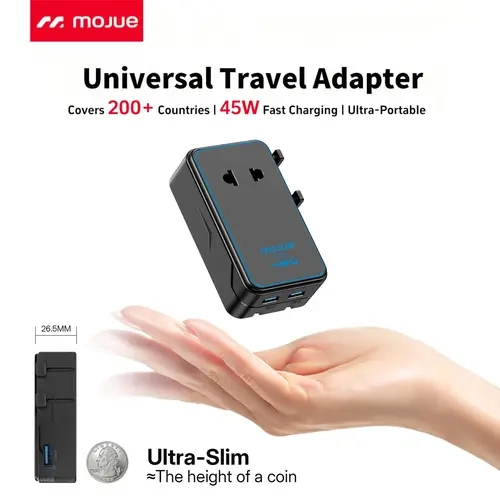 MOJUE Universal Travel Charger Adapter - 3-in-1 4-Port 1-Pack for Cellphone, Smartphone, iPhone/Android, 1×2-Pin AC, 1 USB A, 2×20W USB C, Smart Temp Control, 200+ Countries Use, Non-Voltage Converter, Electronic Travel Essential