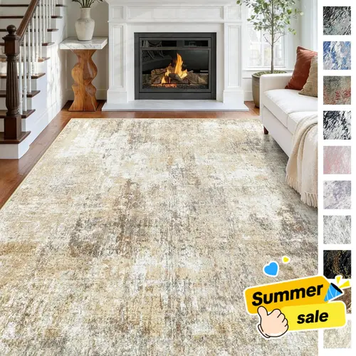 BESTSWEETIE Neutral Indoor Rectangle Area Rug - Large Modern Boho Faux Wool, Non-Slip, 0.2 inches Low Pile, Water-Repellent, Distressed Abstract Print, Reinforced Edge, High Traffic, Rugs for Bedroom, Easy-Care for Busy Homes