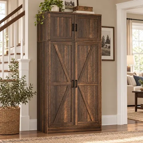 71'' Tall Farmhouse Storage Cabinet, Freestanding Kitchen Pantry Cabinets with Barn Doors & Adjustable Shelves, Kitchen Storage Cabinets for Living Room, Dining Room, Bathroom furniture