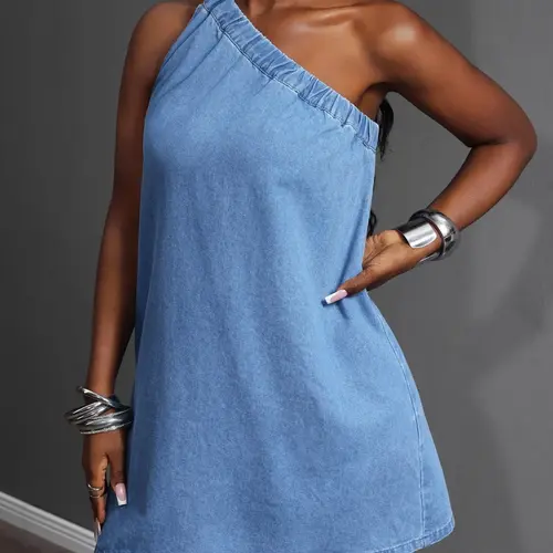 Women's Chic Solid Color Asymmetrical Neckline Sleeveless Short Dress, Elegant Summer Dress, Stylish and Comfortable Womenswear, Perfect for Daily Wear, Elegant Minimalist Dress