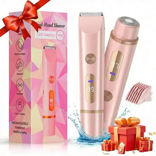 Women's 2-in-1 Ceramic Electric Razor - Cordless Portable Shaver with Double-Ring Floating Dual Heads, Waterproof Body Trimmer, LCD Display, USB-C Fastcharging, Removable Design, Shaves Face Bikini and Body Hair, Safe in Shower, Adult Self-Care Gift