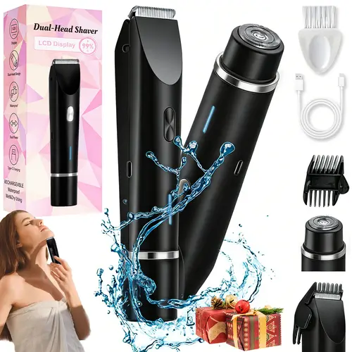 Women's Silky 2-in-1 2-Head Travel Shaver-Removable Bikini Trimmer, Painless Ceramic-Titanium Blade, 10000RPM, IPX7 Waterproof, Rechargeable Portable Self Care-Personal Care Gadget, Cool Gifts for Adults with Pouch
