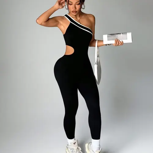 Women's Colorblock Criss Cross Jumpsuit, Sleeveless High Stretch Knit, Sporty Style, Comfortable for Yoga, Gym, Outdoor Activities, Sleeveless Workout Jumpsuit
