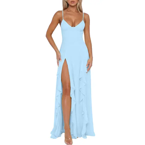 BORIFLORS Women's Minimalist Polyester Sleeveless Mesh Maxi Dress - Deep V-Neck Spaghetti Strap Summer Gown with Ruffle High Slit, Formal Wear Classy Dress for Women, Date Night Prom Wedding Guest