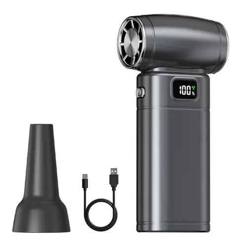 Portable Cordless Camping Fan with Handle - Mini Jet Handheld Rechargeable Blower, 130000RPM Brushless Motor, Included Batteries, 5 Multi-Speed Settings, LED Display, LED Light, Concentrated Jet Stream, Filterless, for Quick Cool-Downs, Car Cleanup