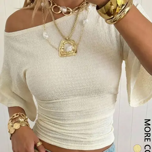 Women's Batwing Sleeve One-Shoulder Short Sleeve Slim Fit T-Shirt, Casual Plain Top, Without Collar Button Zipper, Fashionable Ladies' Clothing, Womenswear, Batwing Shirts