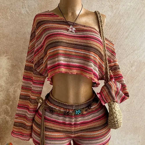 Holiday Two-Piece Set Outfit Women's Striped Asymmetrical Shoulder Long Sleeve Top and Shorts, Stylish Casual Wear for Festive Occasions Womenswear Clothes Two Pieces Outfits