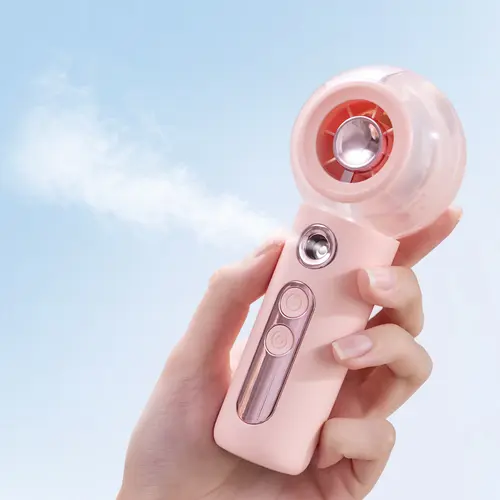 YOYOWAY Cordless Handheld Misting High Velocity Fan - USB Rechargeable 3000mAh, 30ml Water Tank, Dual Adjustment, Soothing Spray, Chill Function, Compact, for Office Desks, Beach Days (Pink)