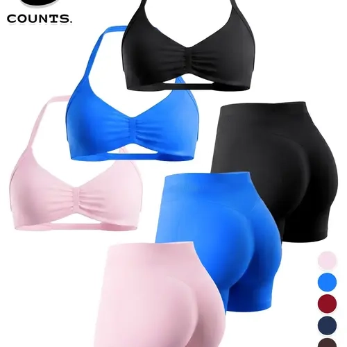 Women's Sports Bra and High-Waisted Shorts Set, Detachable Pads, Butt Lifter, Ideal for Yoga, Fitness, Daily Wear, Yoga Activewear, Sports Clothing, 6-Piece Suite