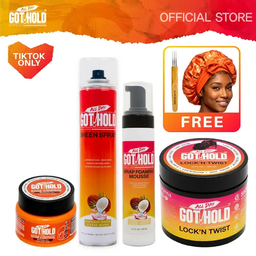 ALL DAY GOT HOLD Vegan Loc Care Haircare Bundle - 5-Piece Lightweight Gel Kit for Adults, Strong Long-Lasting Hold, Frizz Control, Smooth Shiny Textured Curly Hair, 2-Hexanediol, 3lb, 60-Month Shelf Life, Curly Locks & Starter Locs Styling Support