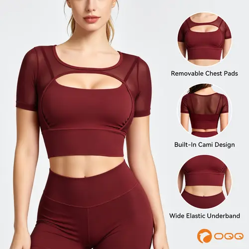 OQQ Women's Nylon Mesh Short Sleeve Crop Top with Built-in Bra - High Performance Activewear, Lightweight Dry Fit Workout Wear, Sporty Chic Athleisure for Yoga, Gym