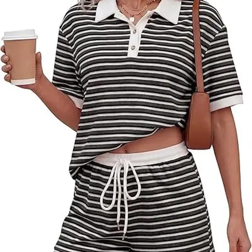 KFUBUO Women's 2-Piece Knitting Nightwear - Breathable Striped V-Neck Short Sleeve Top, Rayon Elastic Drawstring Waist Bottoms, Everyday Fit Summer Casual Loungewear (Hang Dry Compatible)