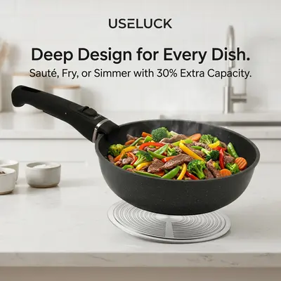 USELUCK 26cm Black Granite Non-Stick Stir-Fry Pan with Lid, Handle and Deep Skillet Design, Easy-Clean Everyday Use Cookware for Frying, Simmering