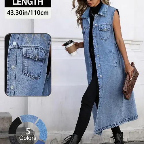 Women's Elegant Versatile Minimalist Sleeveless Long Denim Waistcoat Vests, Stylish and Comfortable Outerwear