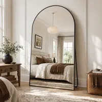 Antok Oversized Arched Full Length Mirror with Stand Floor Free Standing Aluminum Frame for Bedroom Body Hanging Leaning Modern Simple Home Decor Shatter-proorf Nano Glass Wall, Gold/black-Rounded