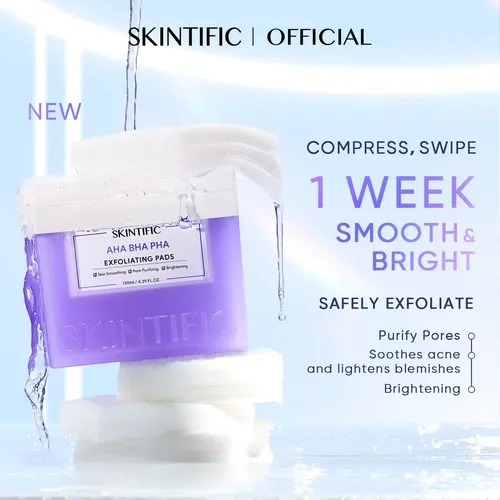 SKINTIFIC AHA BHA PHA Exfoliating Pads - Dual-Sided for Pores, Acne & Glow | Niacinamide & Soothing Complex | Non-Stripping Peel Pads for Sensitive Skin