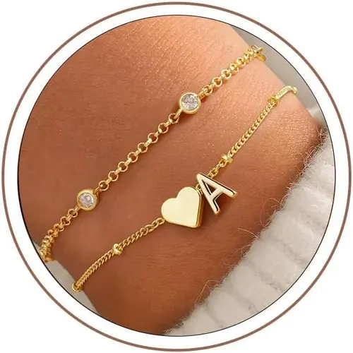 Turandoss 14 Karat Gold Plated Heart Initial Gold Bracelet - A-Z Letter Charms Bracelets & Bangles, Sparkling Initial Letter Charm Jewelry for Mom Daughter Birthday Gifts