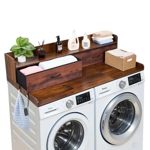 【toolupgrade】VEVOR Particle Board Washer and Dryer Countertop, 53.9x27.5 in, 2 Drawers, 2 Hooks, Off-Ground Rack, 250 lbs Capacity, Brown Laundry Storage Organizer for Balcony, Bathroom, Scratch‑Safe Pads, Smooth Top Lets You Fold, Iron, Clip