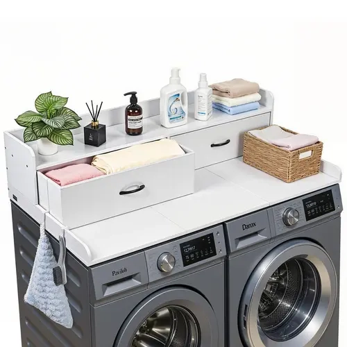 VEVOR Particle Board Washer & Dryer Topper with Shelf, 53.9x27.5 in/137x69.9 cm Countertop, 2 Drawers, 2 Hooks, Raised Edges, Off-the-Ground Drying Rack, Easy Assembly, 250 lbs Capacity, Easy to Wipe Clean, Modern Look, White Laundry Closet Organizer