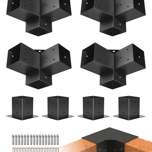 【toolupgrade】VEVOR Carbon Steel 4x4 In Pergola Bracket Kit (Inner 3.5x3.5 In), 4 Pcs 3-Way Heavy-Duty Corner Brackets, All Screws & Bolts Included, Easy-Install DIY Post Base for Gazebos, Concrete/Wood Surfaces, Long-Term Outdoor Use (For DIY Users)