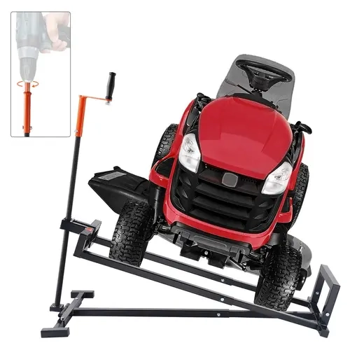 【toolupgrade】VEVOR Carbon Steel Ride-On Lawn Mower Lift Jack, 880 Lbs Capacity Telescopic Maintenance Lift with Crank Handle & Power Drill Handles, Foldable 23.6" Height 39.5" Tire Fit Lifter for Belt Changes, Fits Lawn Mowers, ATVs, Black