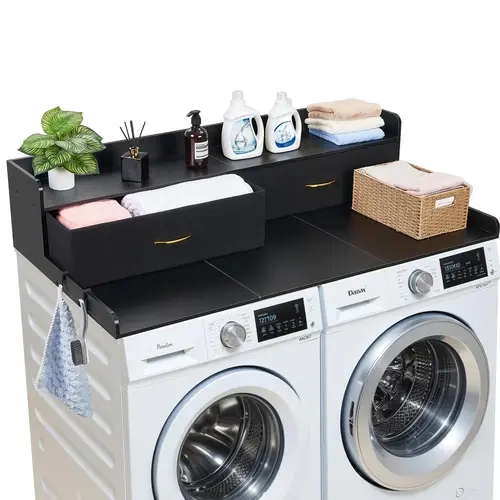 toolupgrade Washer Dryer Countertop Topper 53.9x27.5in - Wide Folding Shelf with 2 Drawers, 2 Hooks, Raised Edges, P2 Grade Particle Board, Pre-Drilled Holes for Easy Assembly, 250 lbs Capacity, Grip Pads for Laundry Room, Reliable Build
