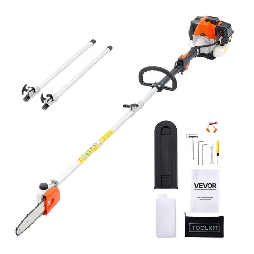VEVOR Aluminum Alloy Gasoline Chainsaw Full Kit - 33CC 2-Stroke Engine, 8in Bar Cuts 6in, 3/8 LP Chain Ready, 30 fl.oz Fuel Tank, 6.7-11.6 ft Detachable Extension Pole, Chain Oil Reservoir, Anti-Slip Grip, for Landscaping, Tree Trimming