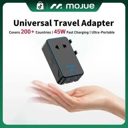 MOJUE Slim 45W Fast Universal Adapter Charger - US Standard Flat Plug, Universal Socket, 4-in-1 Multi-Port (1×2-Pin AC, 1 USB-A, 2 USB-C) Wall Plug for 200+ Countries (Europe/UK/Australia) Mobile Devices, 4-in-1 Chargers