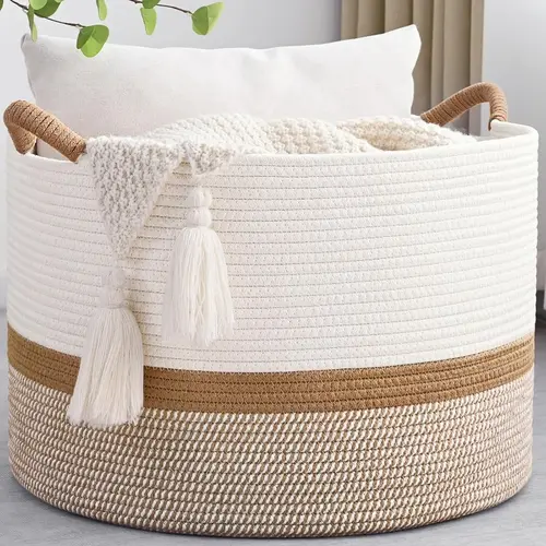 Pure Cotton Woven Rope Storage Basket - Foldable, Sustainable, Durable Decorative Rustic French Country Organizer Bin, 20x13in 85L Round Clothes Holder for Bedroom & Home Supplies