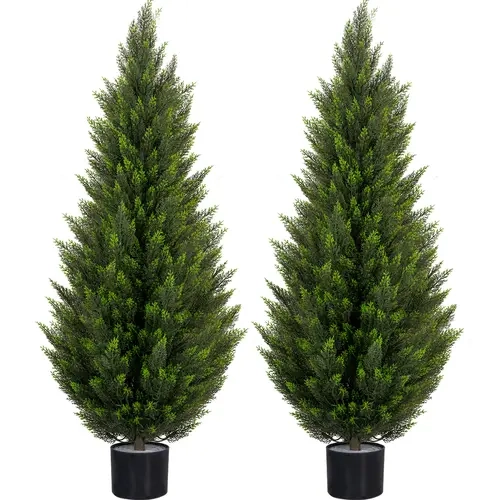2-Pack UV-Resistant Plastic Artificial Cedar Topiary Trees (3FT/4FT/5FT, 10"d x 10"w x 36"h) - Decorative Faux Evergreen Plants, Potted Patio Decor for Front Porch