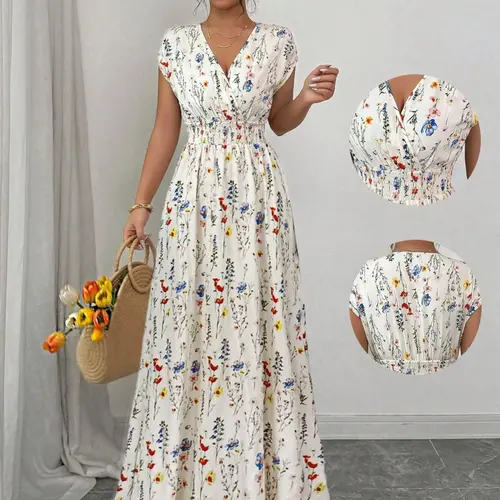 Women's Chic Floral Print V-Neck Sleeveless Cinched-Waist Long Dress, Comfortable, Lightweight, Breathable & Stylish Design, Elegant Style Casual Wear, Floral Print Dresses