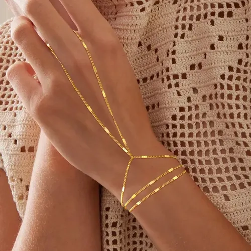 Turandoss Female Adults' 14K Gold Plated Exquisite Bracelet - Golden Tone Simple Chain Armlet, Adjustable Minimalist Marquise CZ Hand Harness, Clean Girl Aesthetic Gift, Hand Chain Costume Jewelry