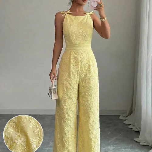 Elegant Women's Floral Party Club Cute Jumpsuit with Bow Shoulder Detail, Sleeveless, Slim-Fitting Wide Leg, Perfect for Daily Commute, Stylish and Comfortable, Elegant Fashion Jumpsuit, Womenswear