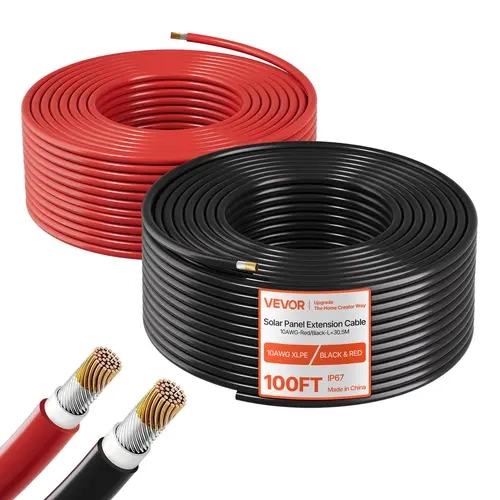 VEVOR 10AWG High Power Solar Panel Extension Cable Kit, 100ft Black + 100ft Red 6mm² PV Tinned Copper Wire, 25yr XLPE Jacket, IP67 Waterproof, Freeze-Heat Ready, Low Resistance, High Efficiency, for Outdoor Off-Grid Flexible DIY Installations