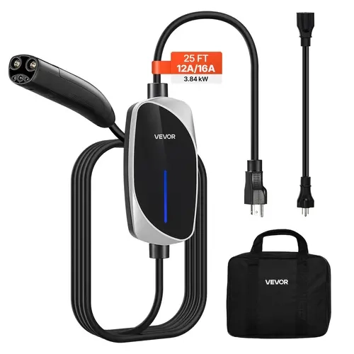 【toolupgrade】VEVOR Level 1-2 Portable Tesla EV Charger, 16A Power, 25 ft Cable, 120V-240V, NEMA 6-20P Plug with NEMA 5-15 Adapter, LED Display, IP66 Waterproof, NACS Connector, Travel Portable Bag for Tesla Model Y/X/3/S