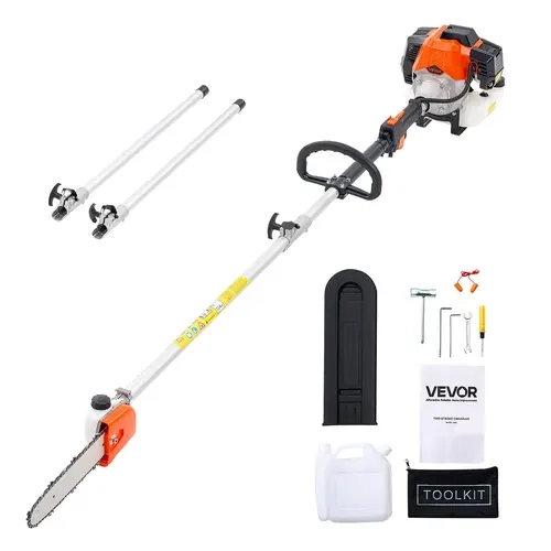 VEVOR 43CC 2-Stroke Gas Pole Saw Full Kit, 10-in Steel Cutting Bar, 30 fl.oz Fuel Tank Rod, 6.8-11.7 ft Detachable Extension Rods, Easy Assembly, Detailed Manual, Shoulder Strap for Farm Branch Clearing, Emergency Firefighting, Landscaping