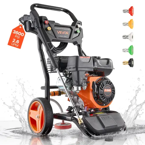 VEVOR Gas-Powered Pressure Washer, 3600 PSI 2.6 GPM Full Copper Pump, 26 ft Hose, Spray Gun & Wand, 5 Nozzle Set, 10" Wheels, 3L Capacity, Pressure Washer Foam Accessory, Tool Upgrade Kit for Cars, Driveways, Fences