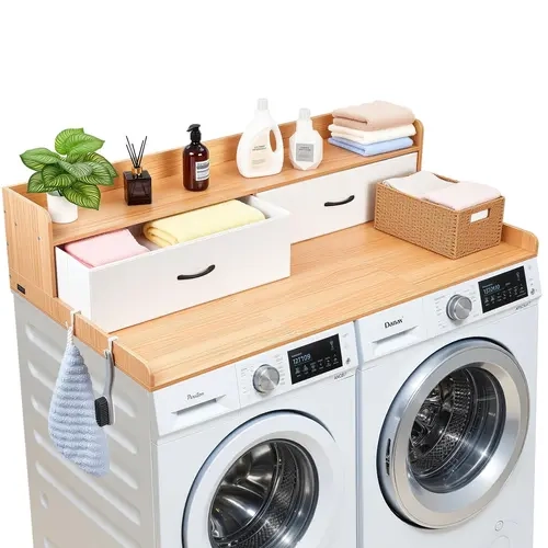 【toolupgrade】VEVOR Modern Burlywood Particle Board Washer Dryer Countertop (53.9x27.5in/137x69.9cm, 250lbs/113kg Capacity) with Raised Edge, Shelf, 2 Drawers, 2 Hooks, Off-the-Ground Drying Racks, for Laundry Closet & Bathroom Organization, Father's Day
