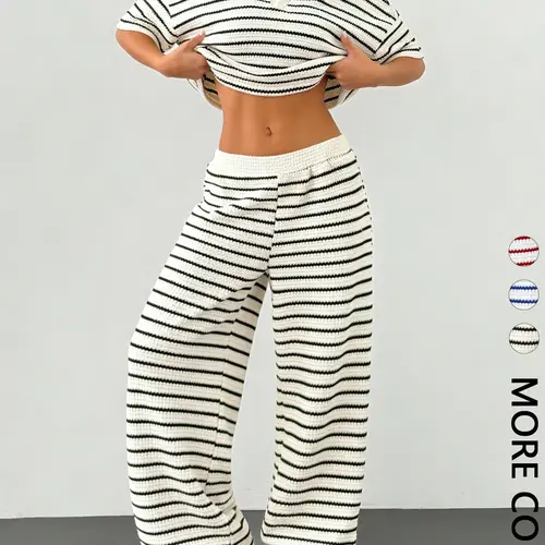 2 Piece Women's Spring Summer Striped Waffle Knit 2 Piece Set, Polo Crop Top & Wide Leg Pants Casual Loungewear, Preppy Matching Set