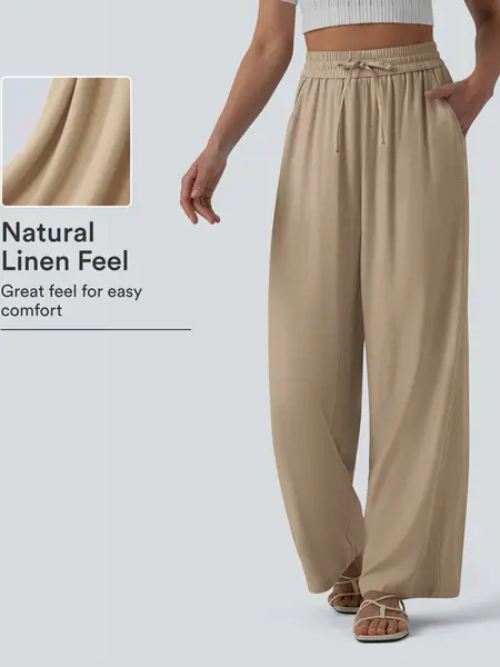 【Creator’s Pick】Halara High Waisted Drawstring Wide Leg Casual Linen-Blend Pants with Pockets
