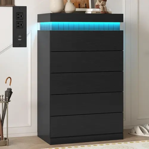 Sikaic Tall 5 Drawers Dresser for Bedroom with Sliding Top Storage Space, LED Light and Power Outlet, Modern Wood Large Chest of Drawer for Living Room, Hallway, Entryway, Home Furniture Christmas Gifts [TiktokShopFallDealsForYou]