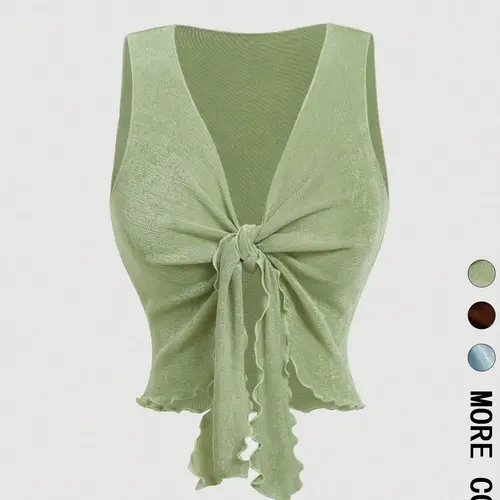 Women's Knotted Front Ruffle Crop Top, Deep V-Neck Sleeveless, Y2K Coquette Going-Out Top for Daily Wear and Date Night, Knitted Tank Top