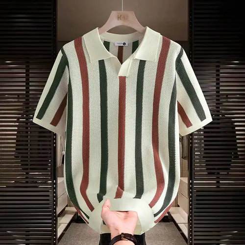 Men’s Ice Silk Striped Color-Block Collared Short-Sleeve Polo Shirt - Fitted Modest Mens Clothing, Trendy Casual Knitting Top for Romance, Valentine's Day Gift #SummerWins