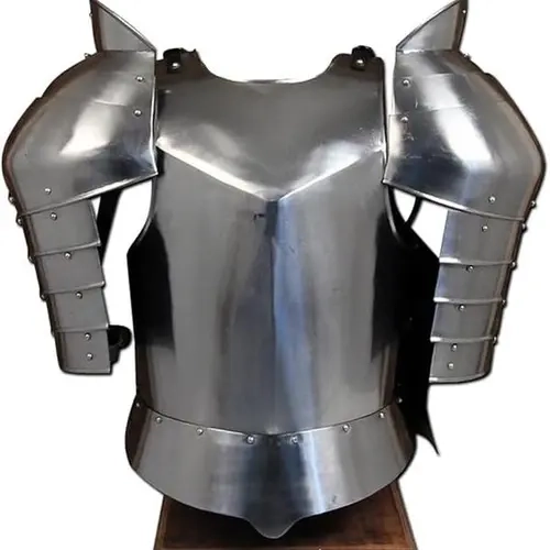 Men's 18g Historical Medieval Warrior Steel Cuirass Armor Set - Plain, Adjustable Leather Straps, Cuirass Front & Back, 2 Pauldrons, Practical for Costumes, Enthusiasts' Special Occasion Menswear Accessory
