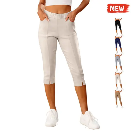 GRAPENT Women's High Waisted Capri Slacks - Pull-On Elastic Stretch Skinny Basic Plain Pants with Pockets, Polyamide Machine Washable Capri Pants Outfit for Moms (Dressy Casual, Normal Fit)