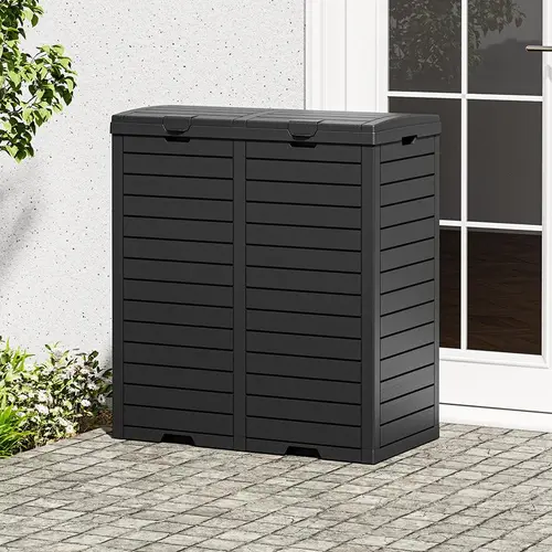 BIFANUO 62-Gallon Indoor/Outdoor Plastic Trash Storage Can - Compartmentalized Lid with Inner Lid Secures the Bag, Removable Drip Tray, Durable, Stylish, Lightweight, for Patios, Backyards (Black)